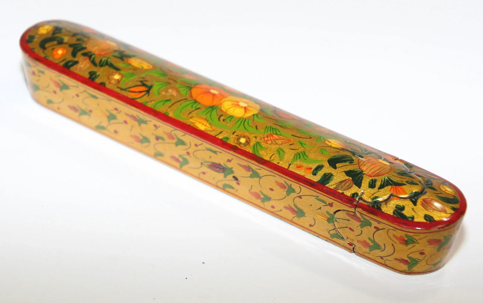Persian Lacquer Pen Box Hand Painted with Floral and Gilt Design - 5