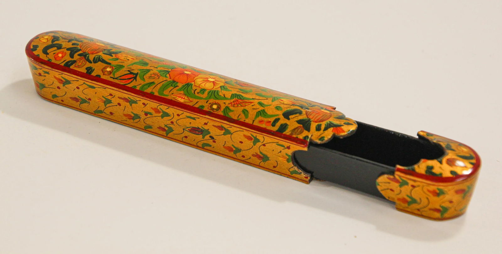 Persian Lacquer Pen Box Hand Painted with Floral and Gilt Design - 6