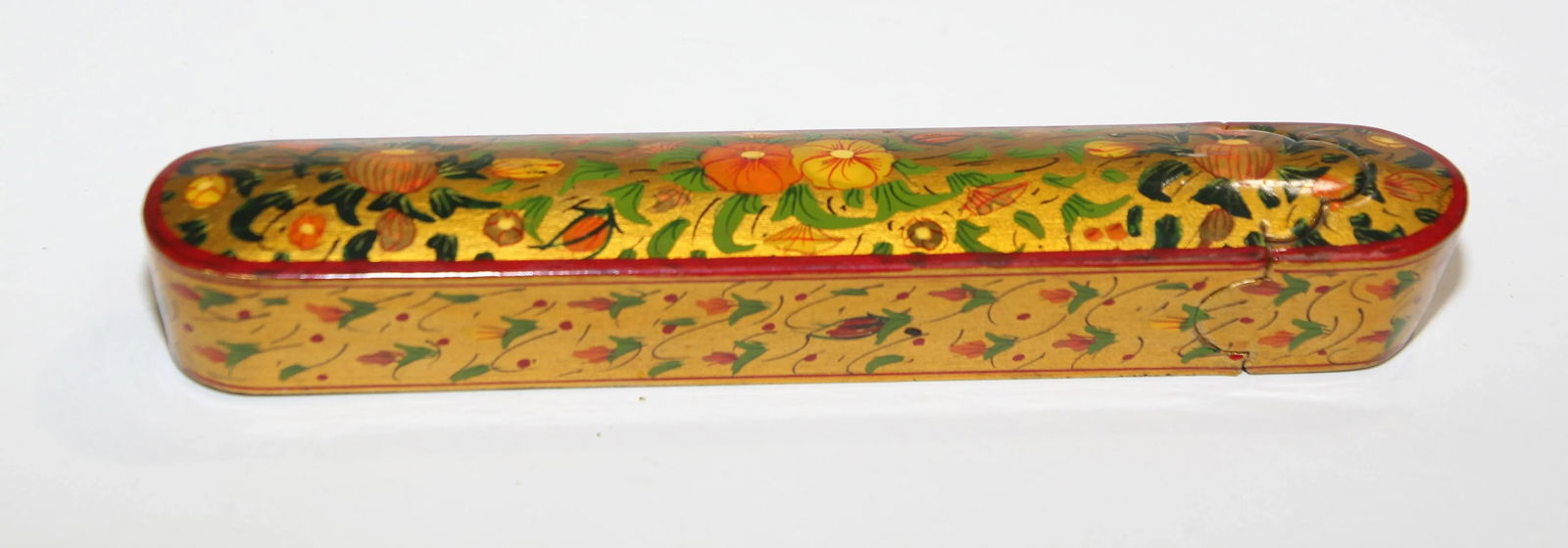 Persian Lacquer Pen Box Hand Painted with Floral and Gilt Design - 8