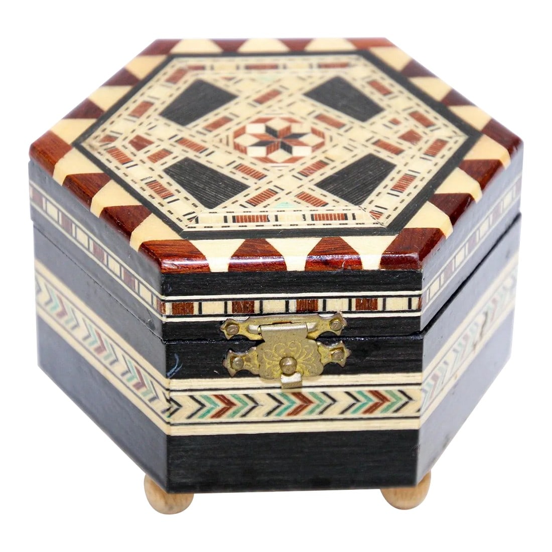 Mosaic Marquetry Octagonal Music Box Granada Moorish Spain: Exquisite handcrafted vintage Middle Eastern style mosaic marquetry inlaid walnut wood footed music box. Handcrafted in Spain in the Moorish Syrian style with red velvet lined and a mirror.