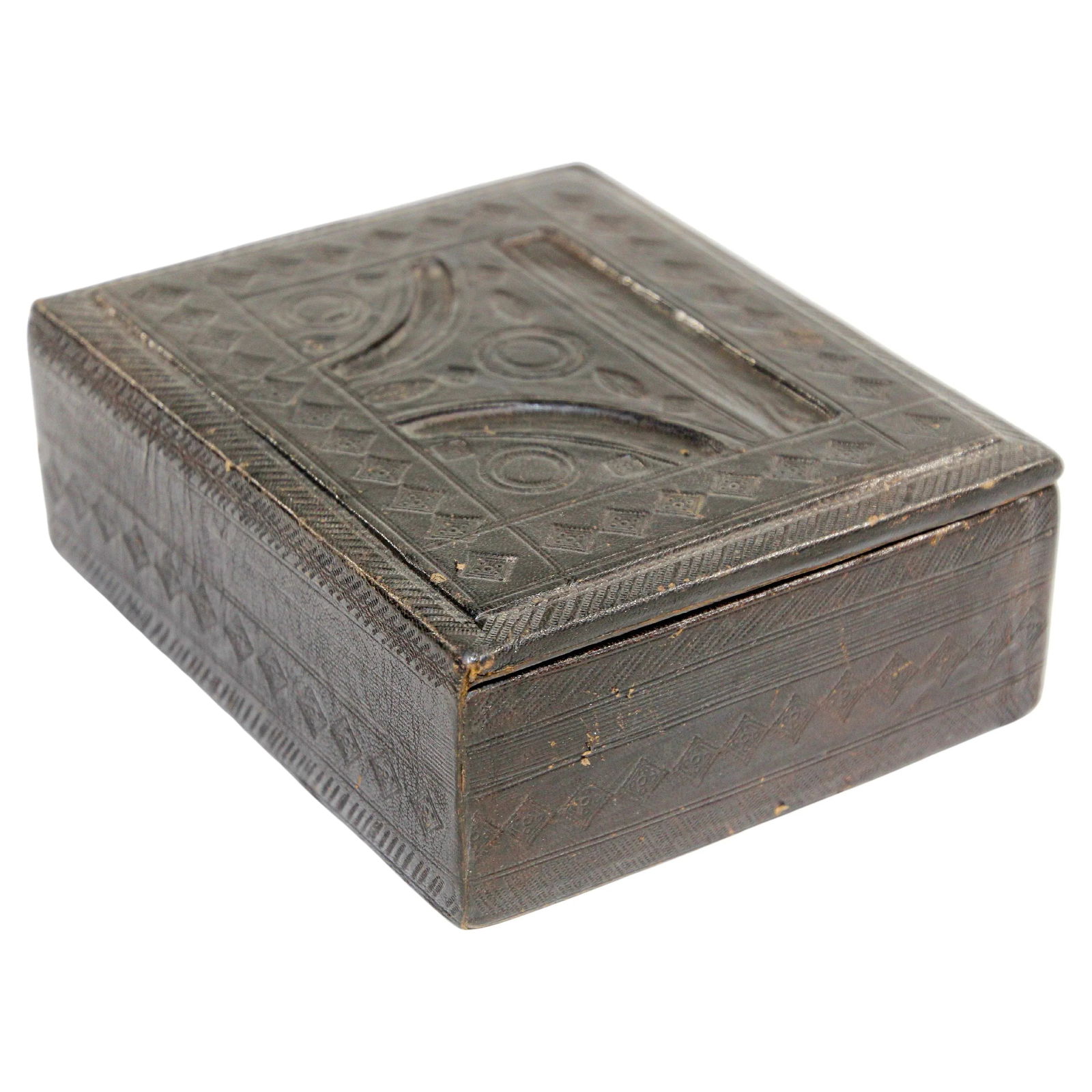 African Tuareg Hand-Tooled Black Leather Box - 12