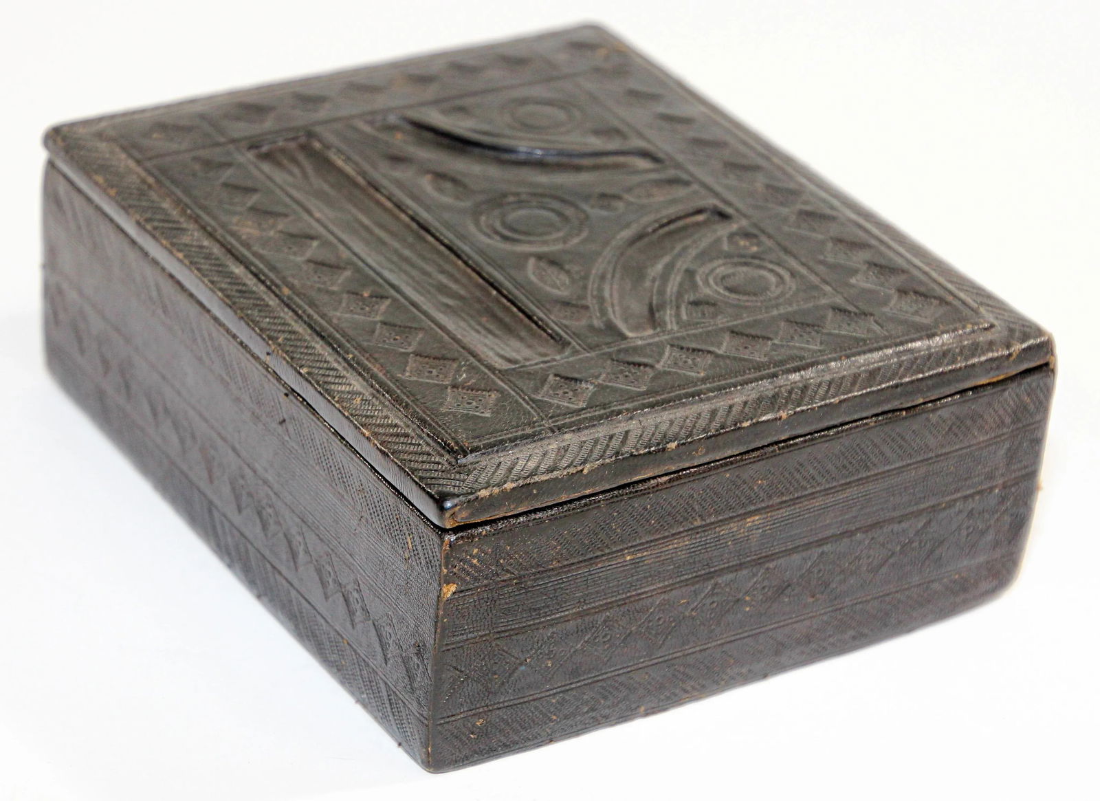 African Tuareg Hand-Tooled Black Leather Box - 5