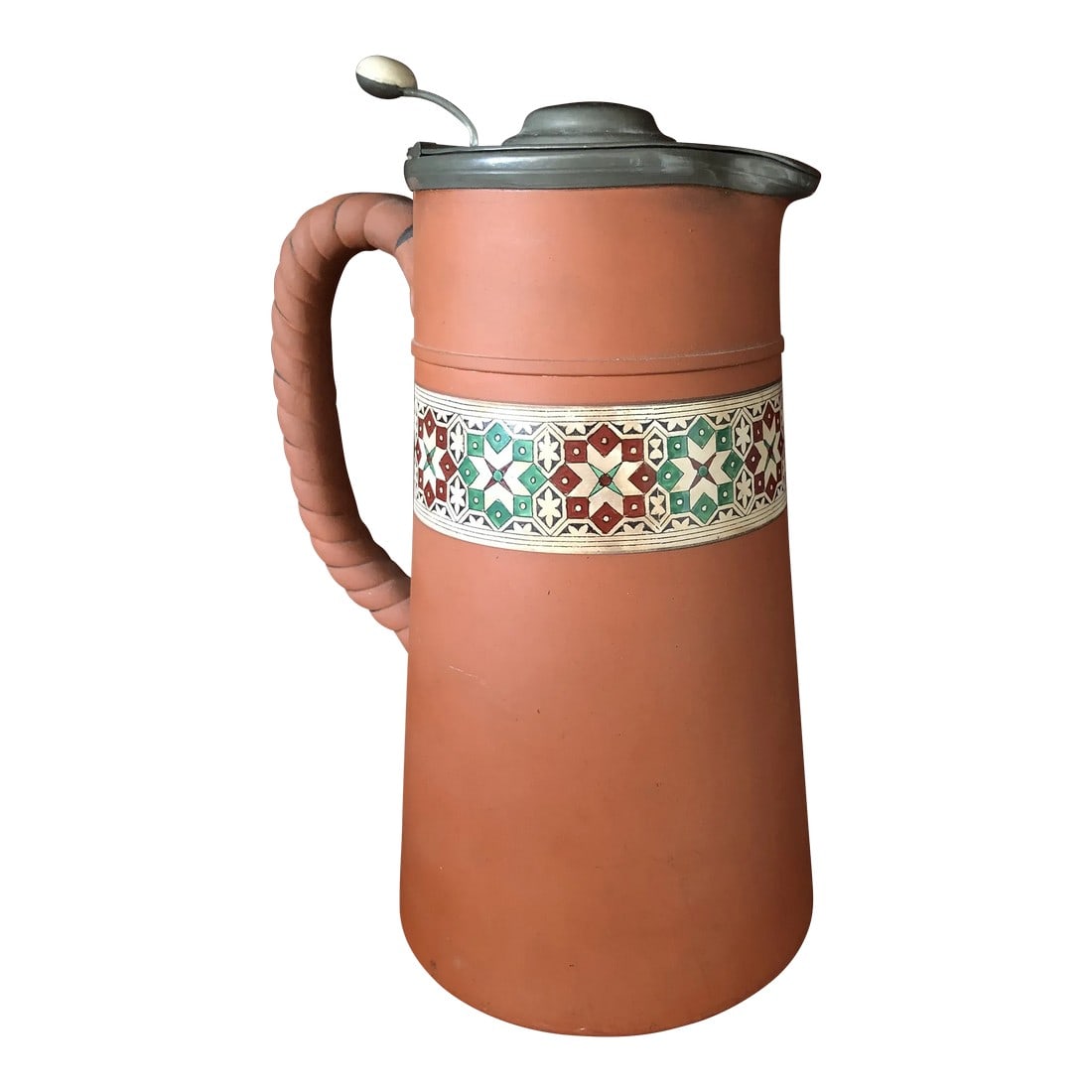 Antique Wedgwood Rosso Antico or Doulton Silicon Ware Enamel Painted Large Pitcher: Unsure of maker, very high quality with braided handle, enamel decorated body and pewter lid Condition: Alterations: Original Condition Unaltered Imperfections: Some Imperfections Condition Notes: