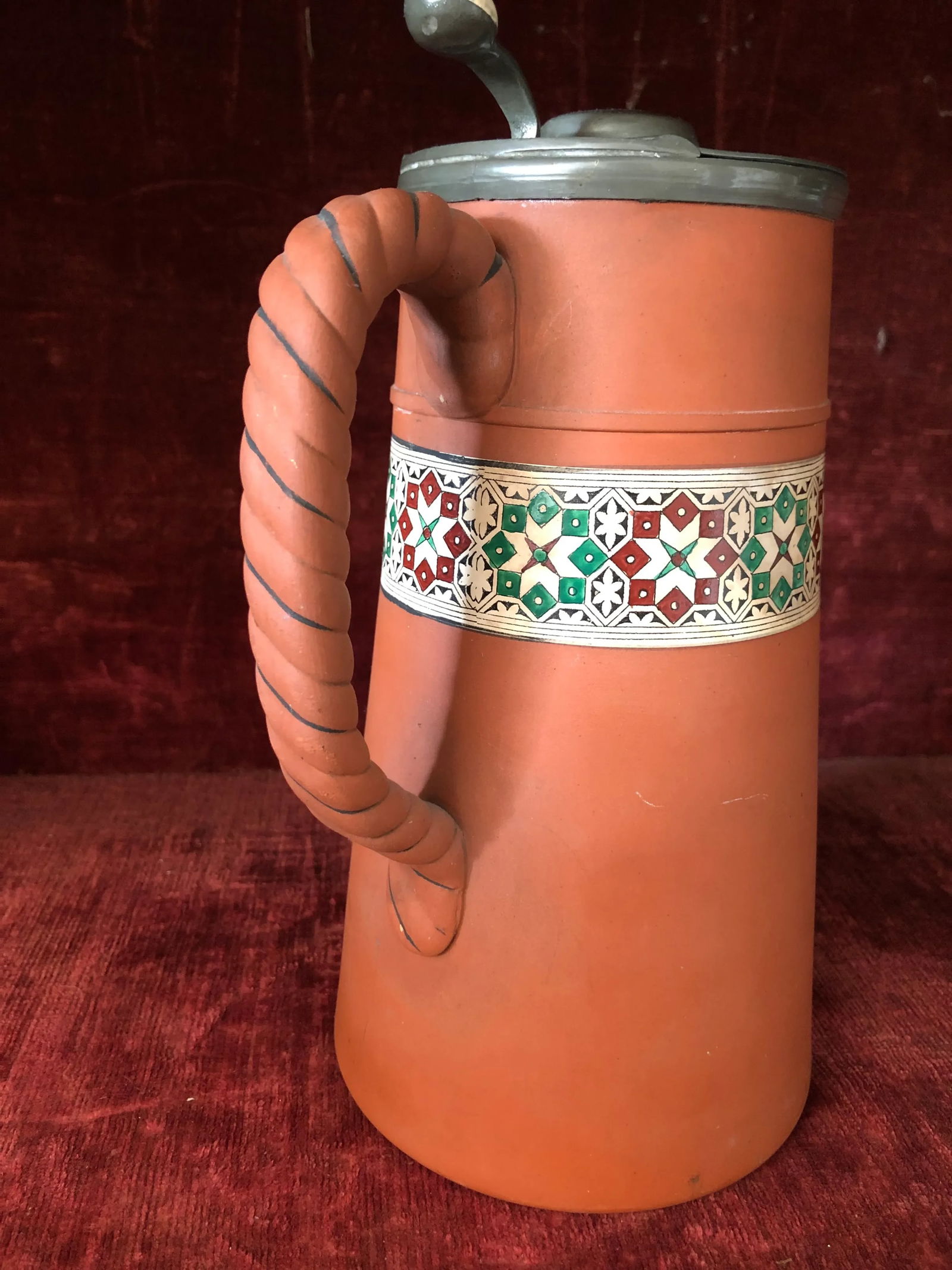 Antique Wedgwood Rosso Antico or Doulton Silicon Ware Enamel Painted Large Pitcher - 2
