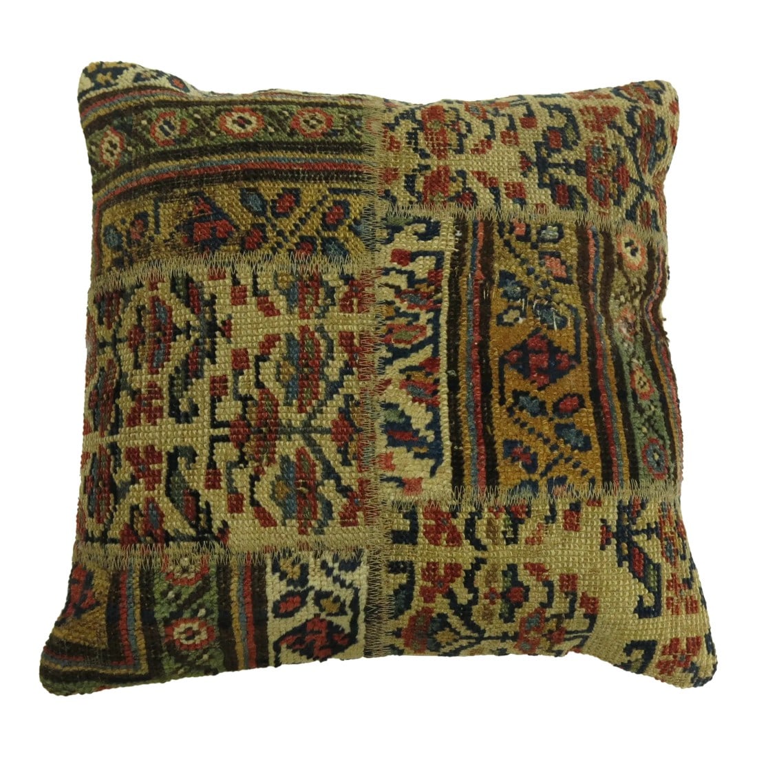 Tribal Persian Patchwork Rug Pillow: One of a kind Pillow made from a Persian Kurd rug with cotton back. Zipper closure and foam insert provided. 17'' x 18'' Condition: Alterations: Original Design Modified Imperfections: Some Imperfecti