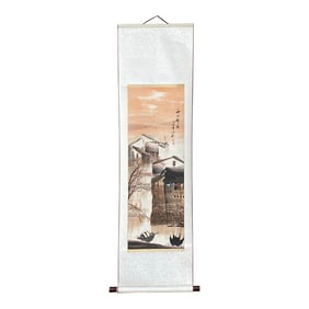 Chinese Color Ink Waterside Village Scroll Painting Wall Art