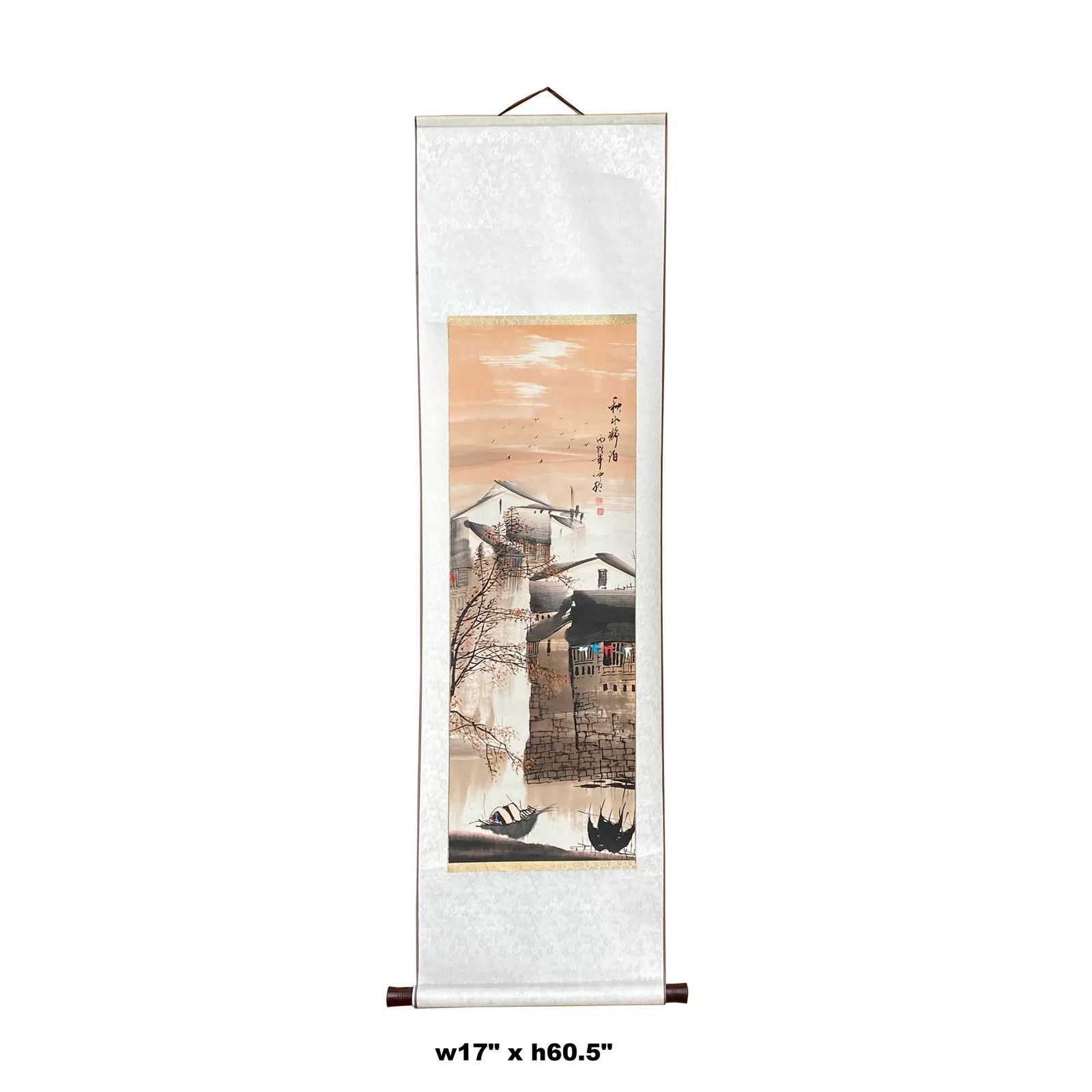 Chinese Color Ink Waterside Village Scroll Painting Wall Art - 2