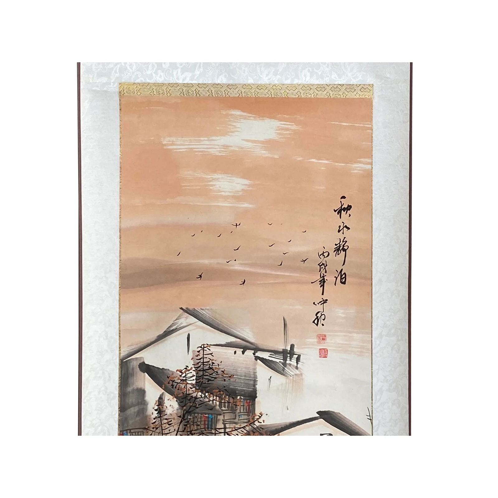 Chinese Color Ink Waterside Village Scroll Painting Wall Art - 4