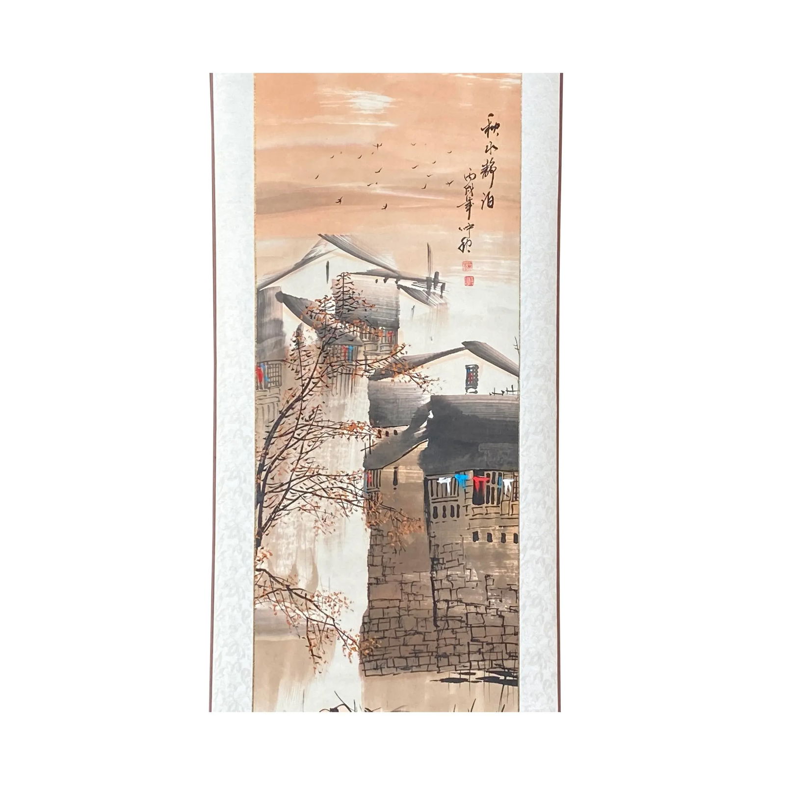 Chinese Color Ink Waterside Village Scroll Painting Wall Art - 6