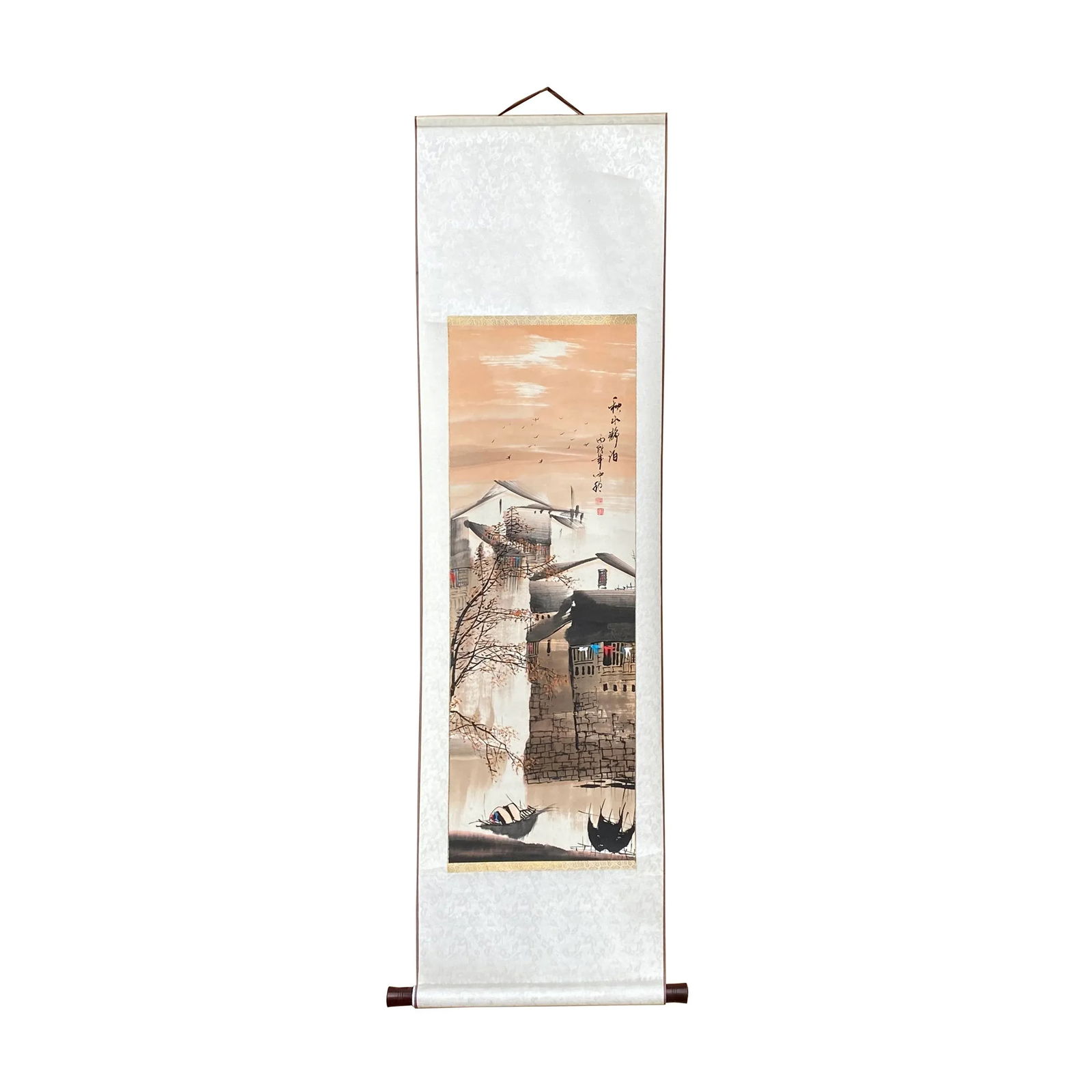 Chinese Color Ink Waterside Village Scroll Painting Wall Art - 7