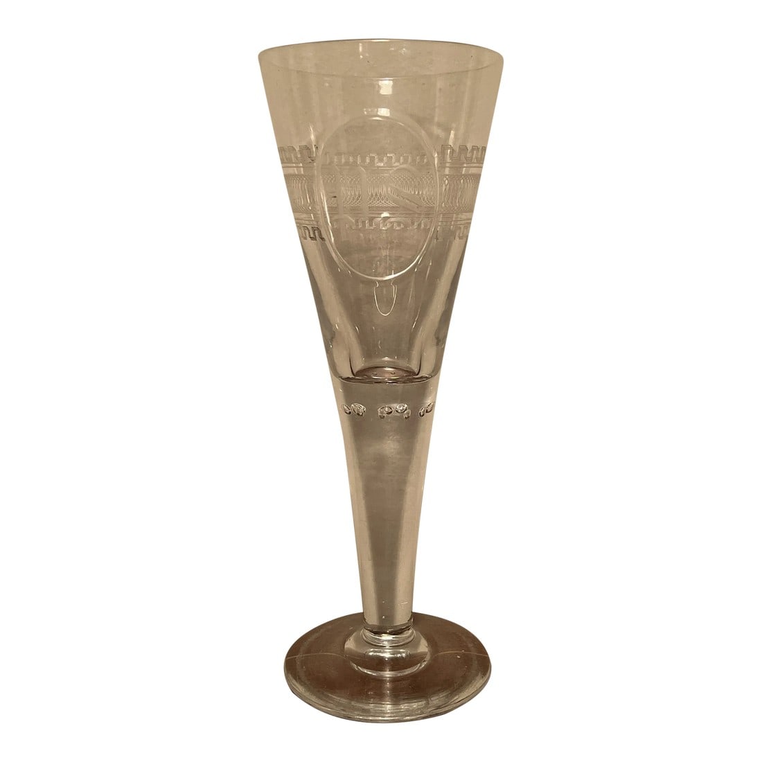 19th Century Georgian Anglo-Irish Etched Glass Vase: I'm a sucker for antique glass - this piece is remarkable with the intricate etched glass patterning. P.S. monogram and air trap to stem. Condition: Alterations: Original Condition Unaltered Imperfect