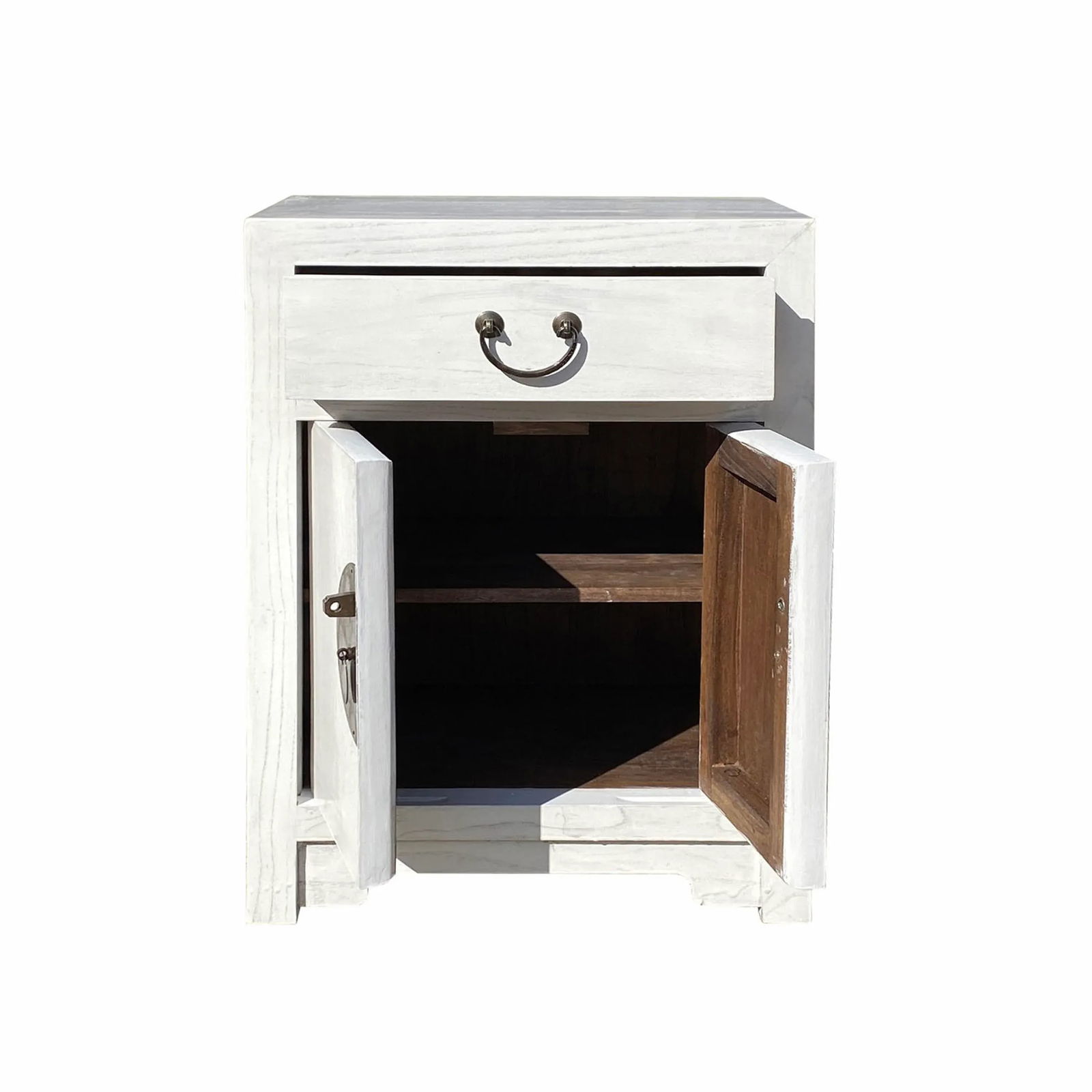 Oriental Distressed Off White Lacquer End Table Nightstand Cabinet - 4