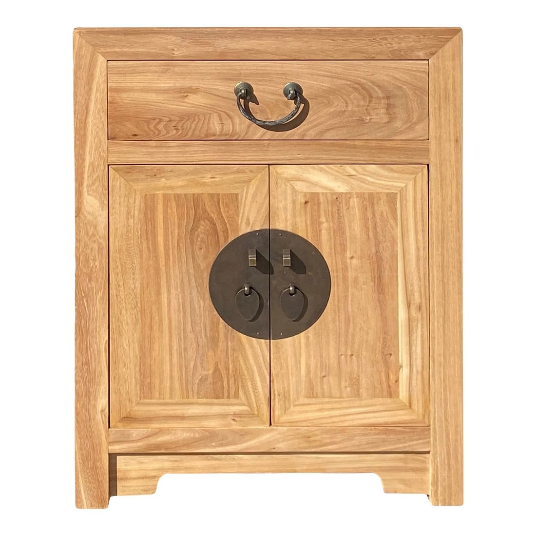 Oriental Natural Tan Light Brown End Table Nightstand Cabinet: This is a handmade Chinese oriental end table nightstand with a drawer and two doors. The surface is finished with a natural tan light brown stain showing natural wood grain pattern Dimensions: w17.75