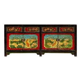 1950s Vintage Oriental Blue Fishes Graphic Sideboard Console Table Cabinet