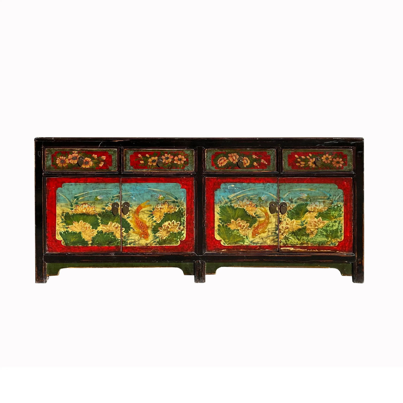 1950s Vintage Oriental Blue Fishes Graphic Sideboard Console Table Cabinet - 7