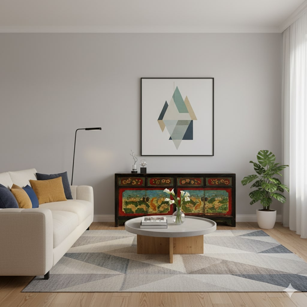 1950s Vintage Oriental Blue Fishes Graphic Sideboard Console Table Cabinet - 8