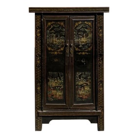 1980s Chinese Vintage Distressed Color Scenery Graphic Dresser Cabinet