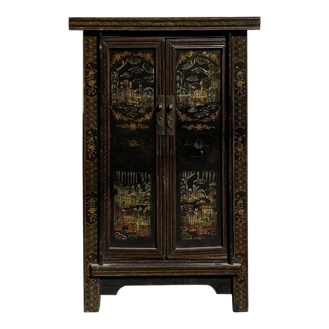 1980s Chinese Vintage Distressed Color Scenery Graphic Dresser Cabinet: This is an old vintage Chinese accent storage cabinet with distressed black dark brown and color mixed floral scenery graphic on the doors. It is a simple but sophisticated detail cabinet for home