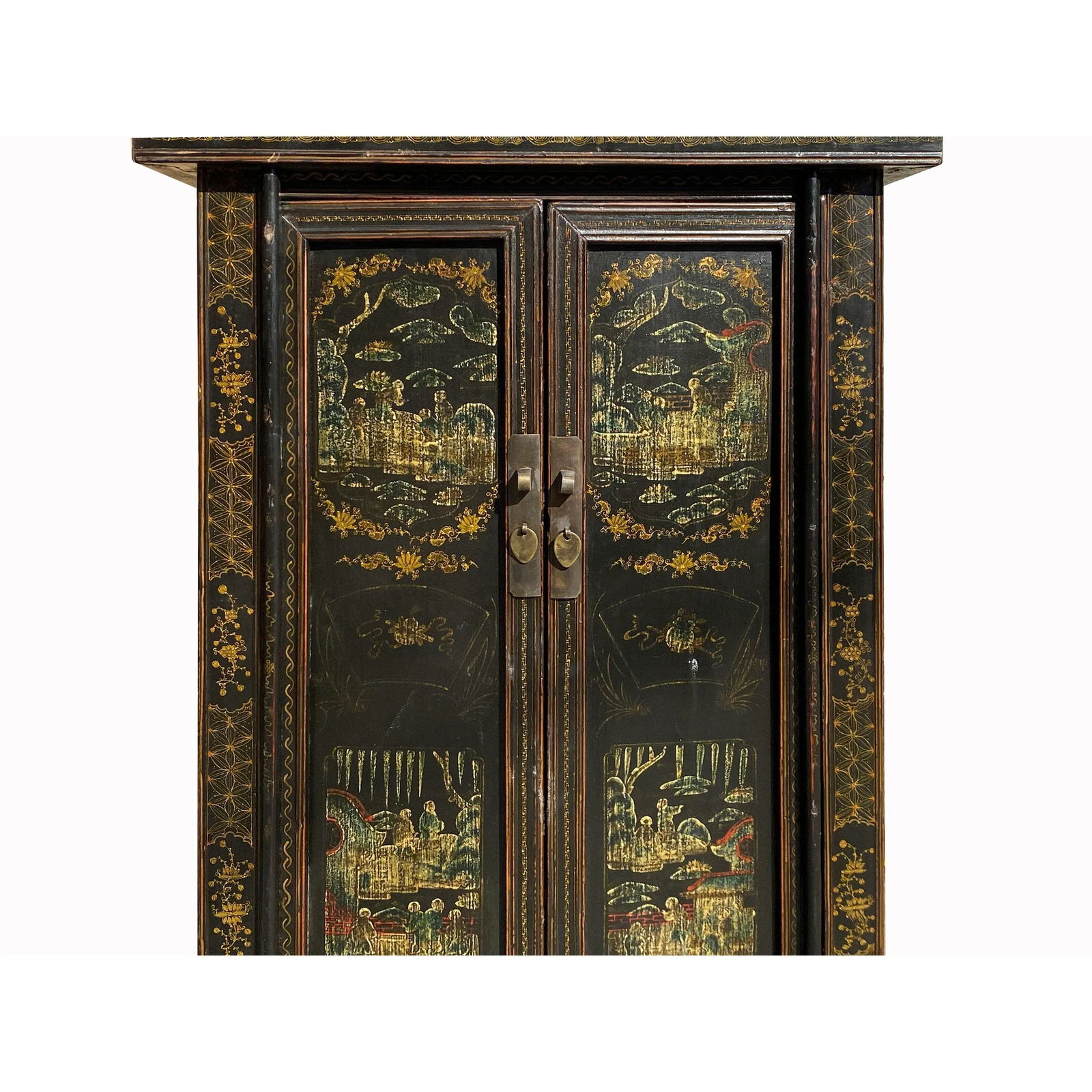 1980s Chinese Vintage Distressed Color Scenery Graphic Dresser Cabinet - 3