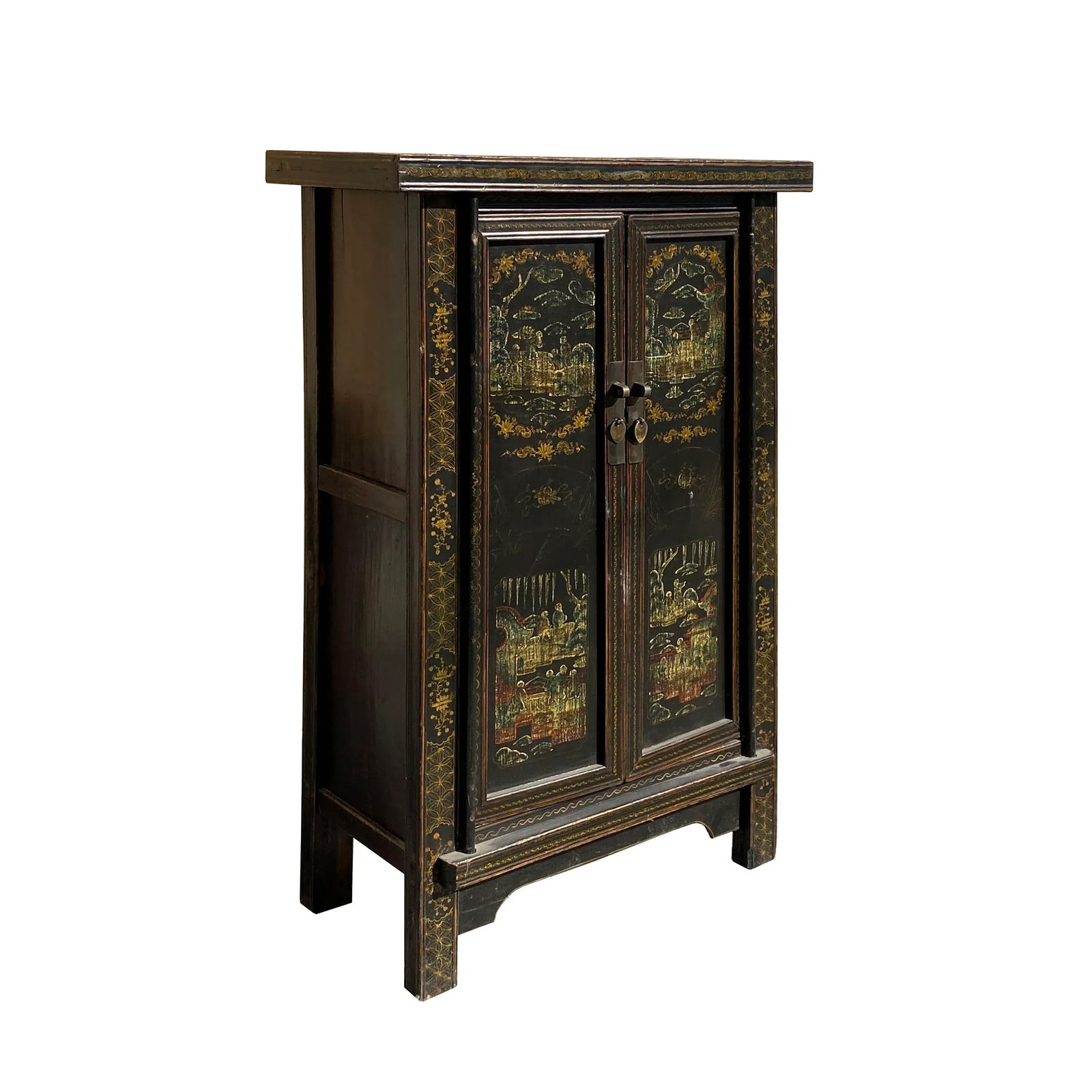 1980s Chinese Vintage Distressed Color Scenery Graphic Dresser Cabinet - 5