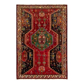 Red and Green Vintage Shiraz Handmade Geometric Designed Wool Rug