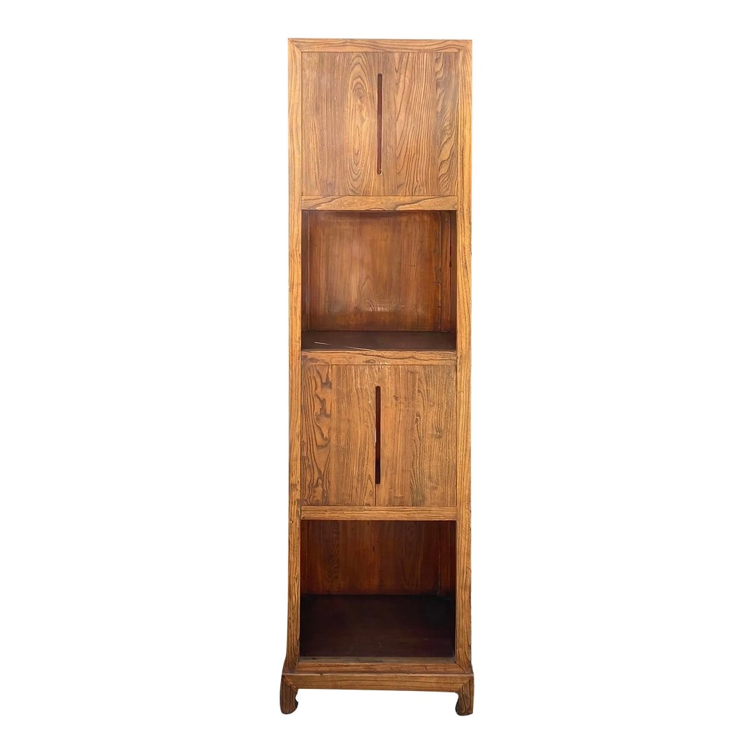 Raw Wood Slim Narrow Tall Open Display Storage Corner Cabinet: This is a simple clean rough raw wood cabinet. It has open display cube shelves on two corners. Dimensions: w20.5" x d20.5" x h75" shelf cube w16.5" x d18"X h15.5" Origin: China Material: Solid Elm Wo