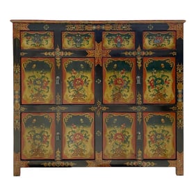 Chinese Tibetan Orange Yellow Flower Graphic Storage Cabinet