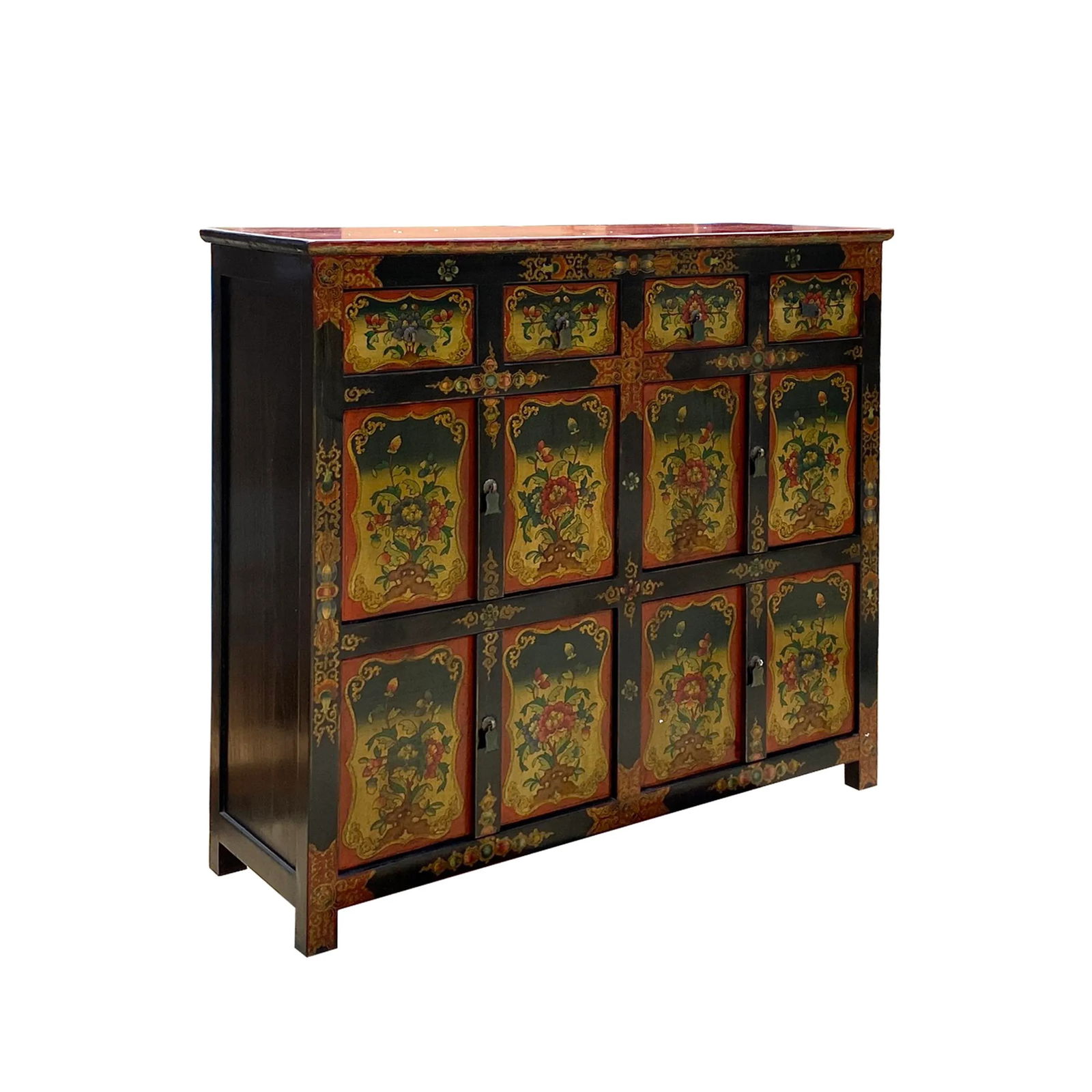 Chinese Tibetan Orange Yellow Flower Graphic Storage Cabinet - 2