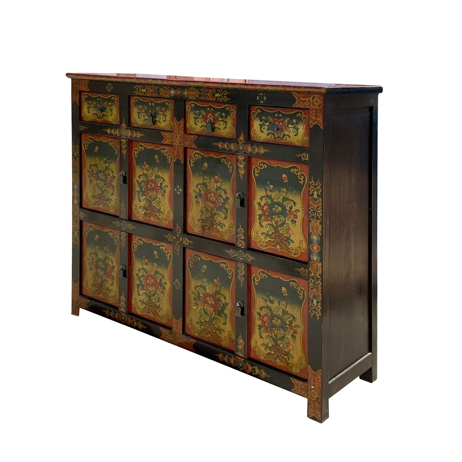 Chinese Tibetan Orange Yellow Flower Graphic Storage Cabinet - 3