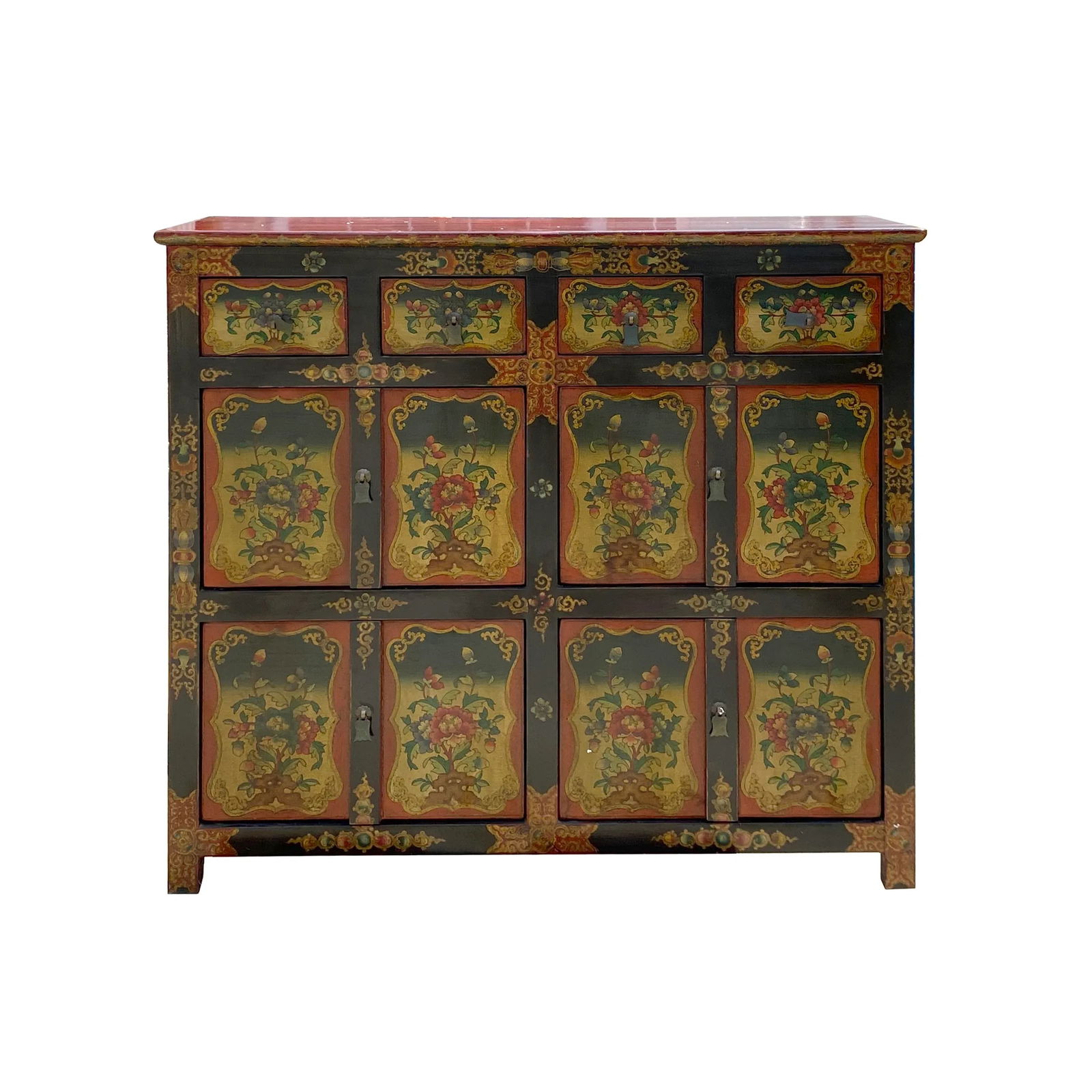 Chinese Tibetan Orange Yellow Flower Graphic Storage Cabinet - 5