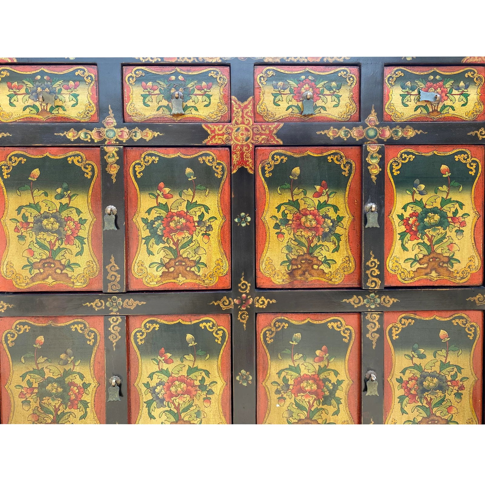 Chinese Tibetan Orange Yellow Flower Graphic Storage Cabinet - 6