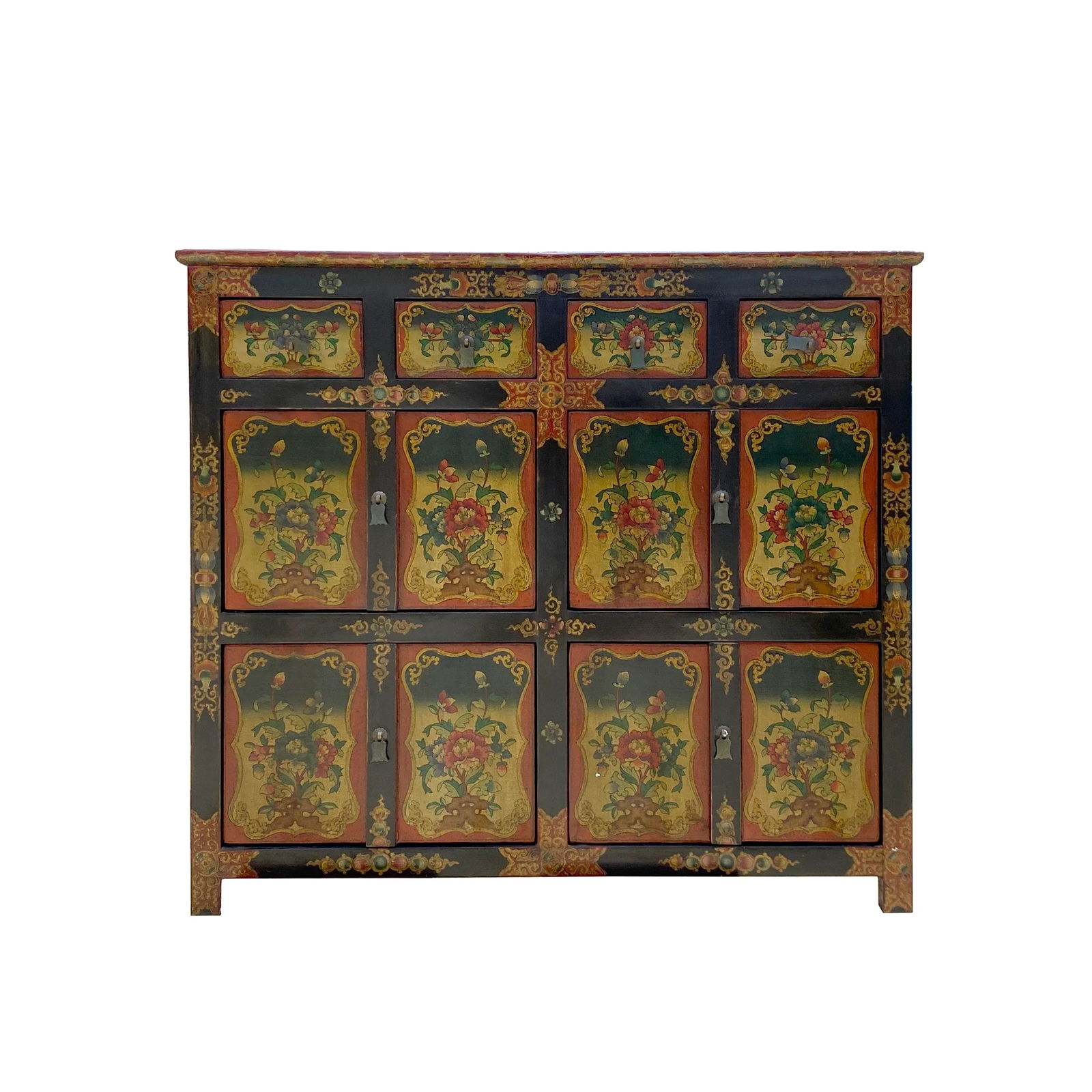 Chinese Tibetan Orange Yellow Flower Graphic Storage Cabinet - 7