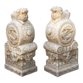 Chinese Pair White Marble Stone Fengshui Foo Dogs Drum Statues