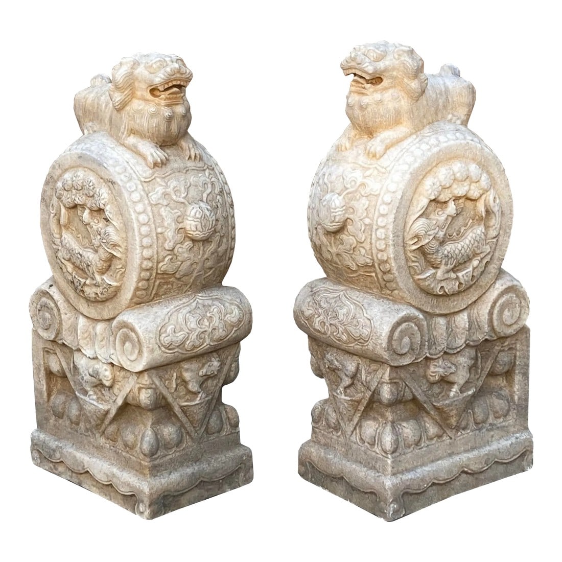 Chinese Pair White Marble Stone Fengshui Foo Dogs Drum Statues: This is a pair of traditional Chinese door block statues at the front door. They have a Fengshui purpose as well as a door base of the wooden doors. It is a charm meaningful Fengshui statue at the hom