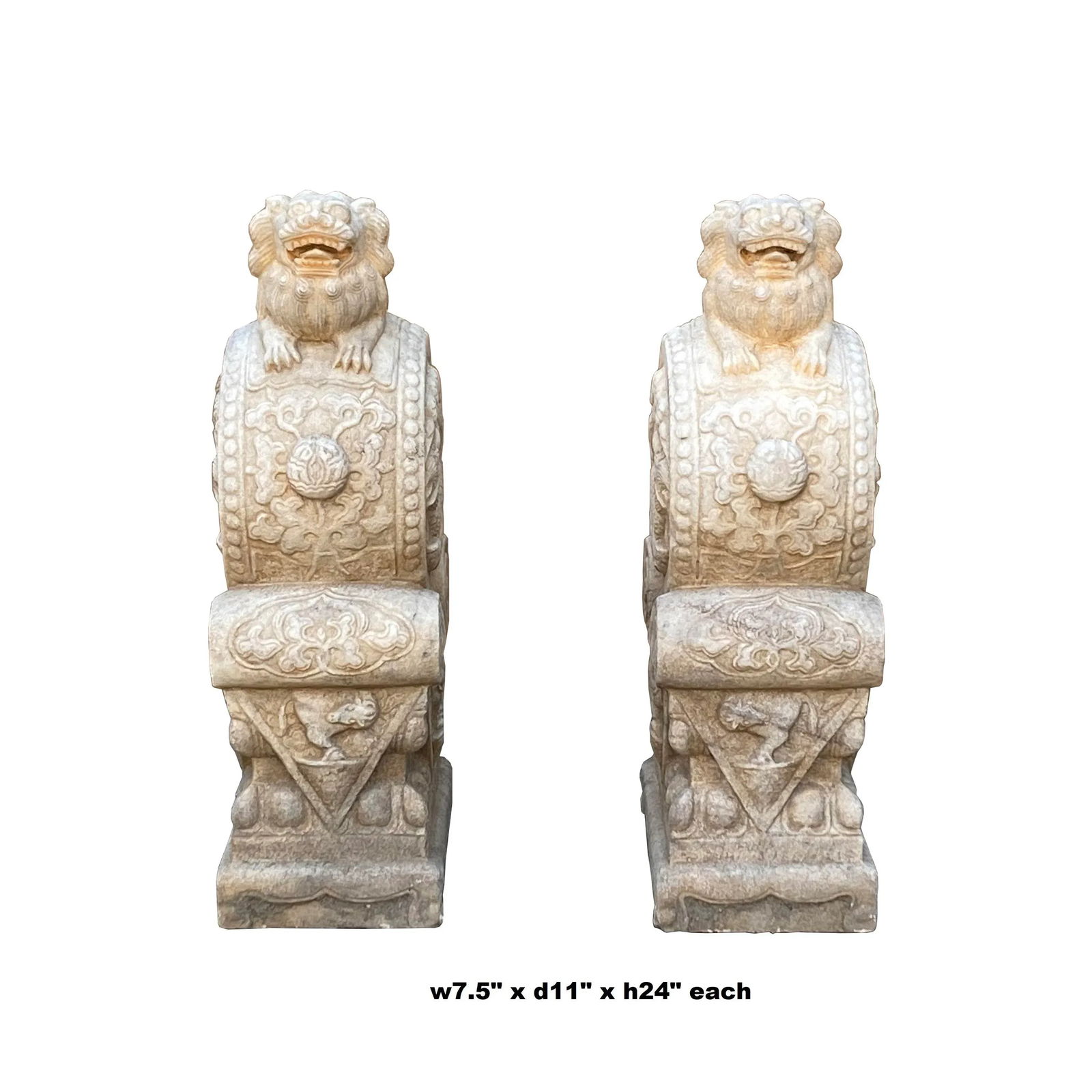 Chinese Pair White Marble Stone Fengshui Foo Dogs Drum Statues - 2