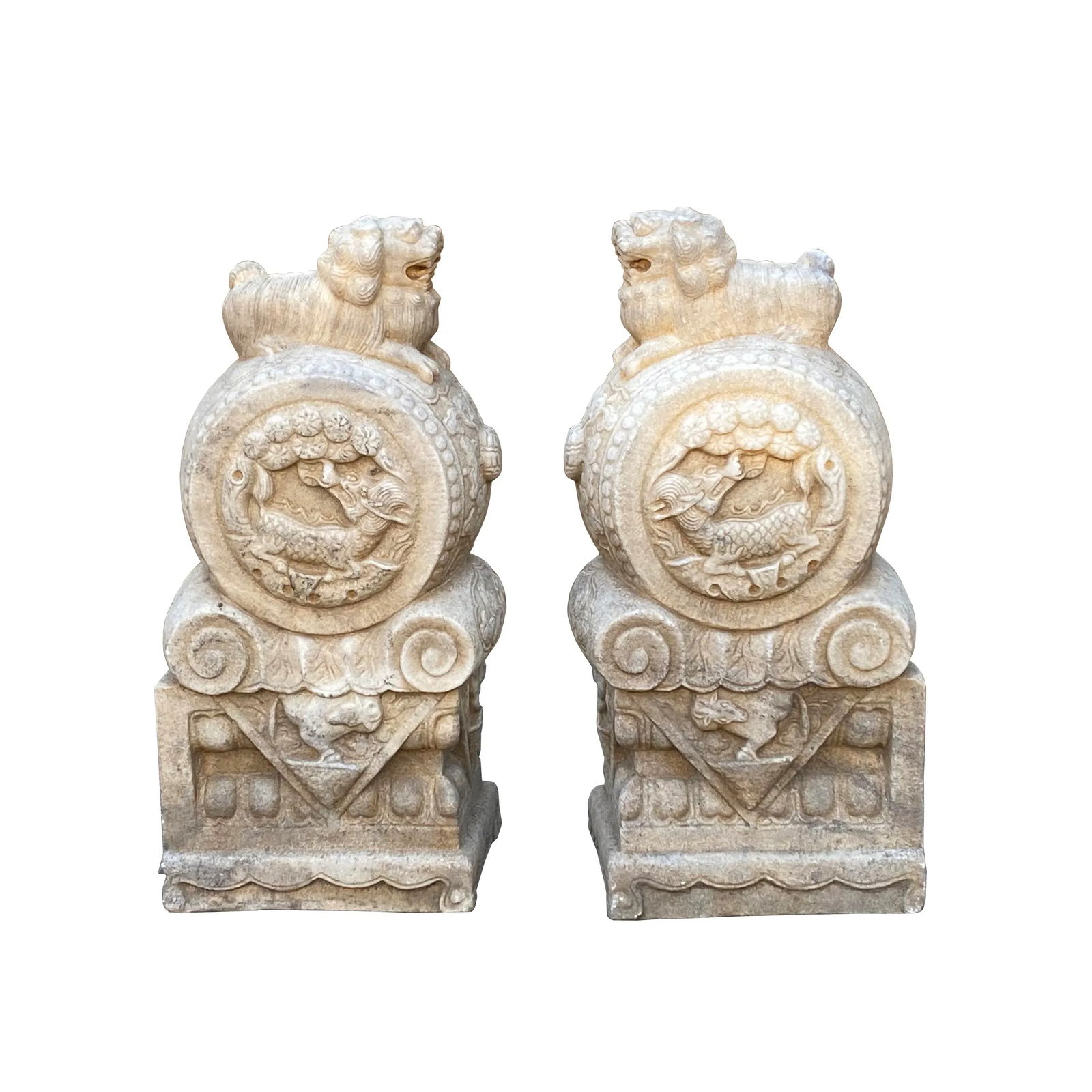 Chinese Pair White Marble Stone Fengshui Foo Dogs Drum Statues - 3