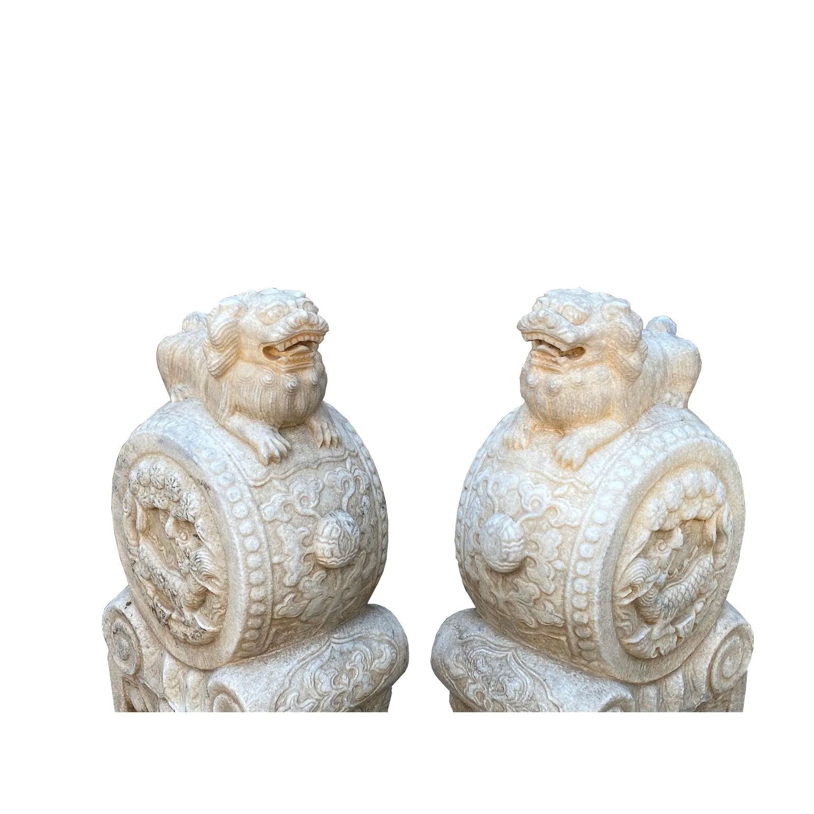 Chinese Pair White Marble Stone Fengshui Foo Dogs Drum Statues - 4