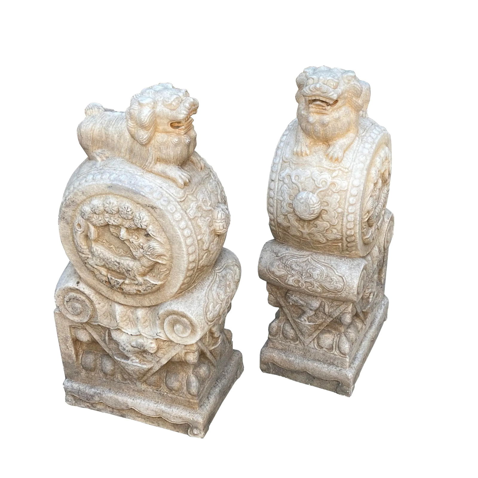 Chinese Pair White Marble Stone Fengshui Foo Dogs Drum Statues - 5