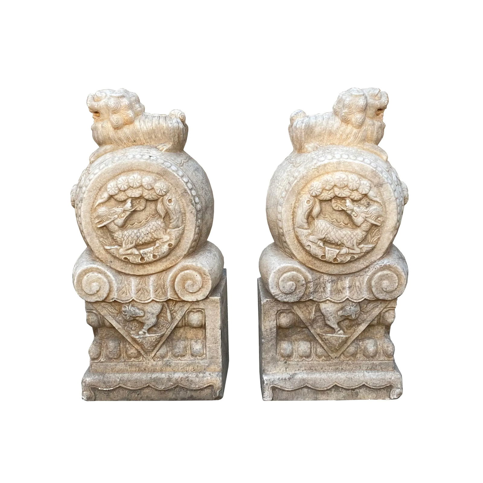 Chinese Pair White Marble Stone Fengshui Foo Dogs Drum Statues - 7