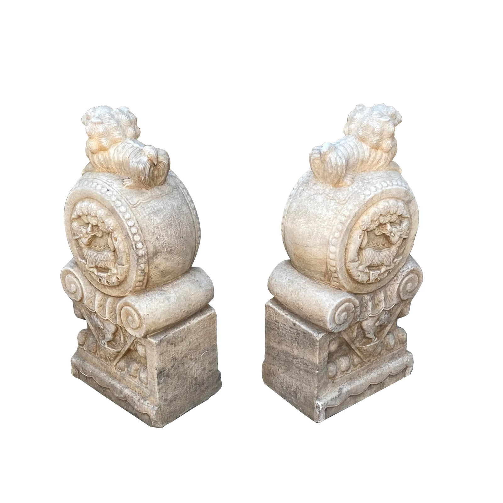 Chinese Pair White Marble Stone Fengshui Foo Dogs Drum Statues - 8