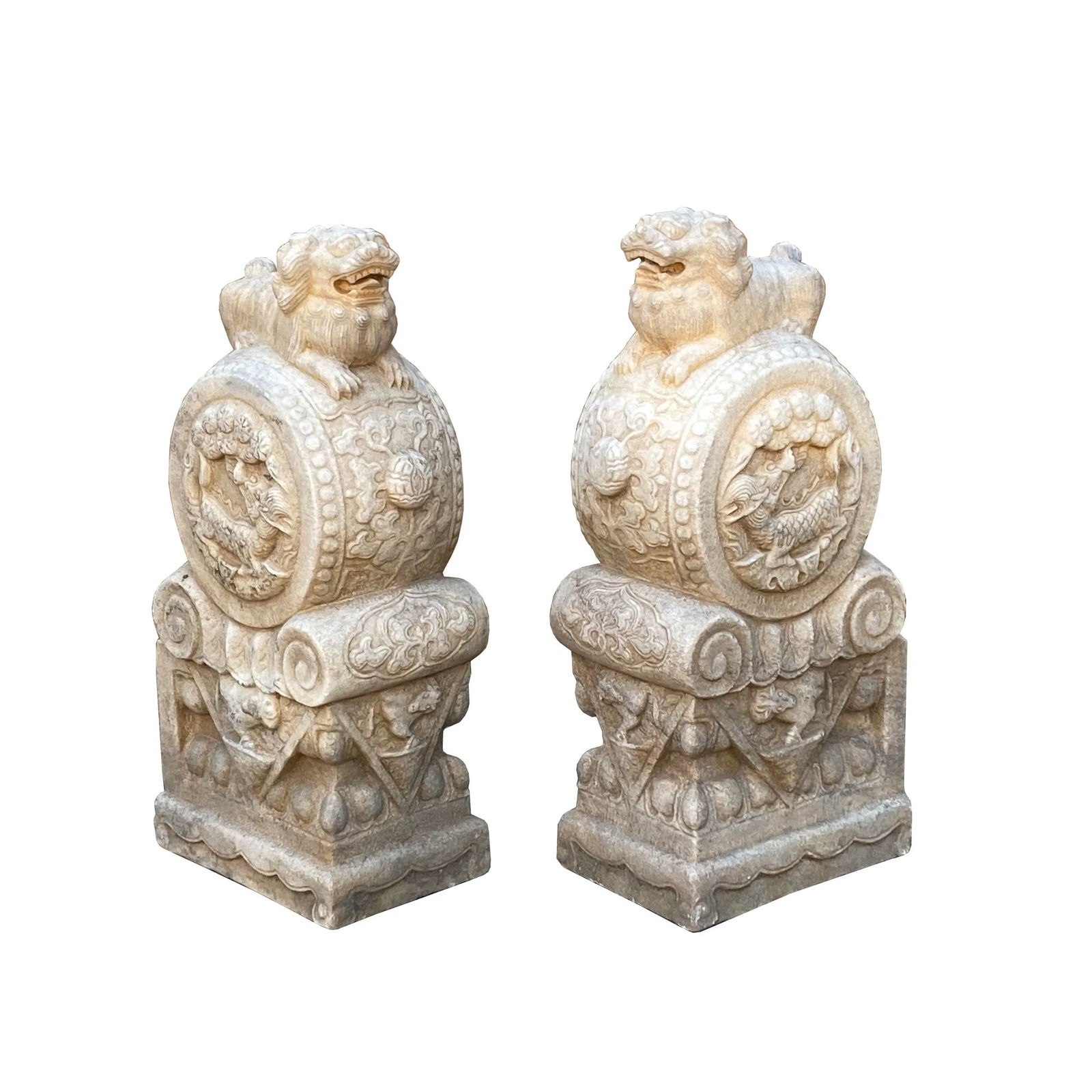 Chinese Pair White Marble Stone Fengshui Foo Dogs Drum Statues - 9