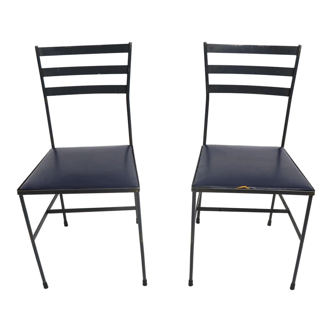 Pr. Mid Century Wrought Iron Side Chairs in the Style of Arbuck McCobb Nelson: Pair wrought iron side, or dining chairs in the style of McCobb, Nelson, Arbuck etc. The chairs have drop in seats, with vinyl covered seats, one seat has a tear, please see images. Both chairs are