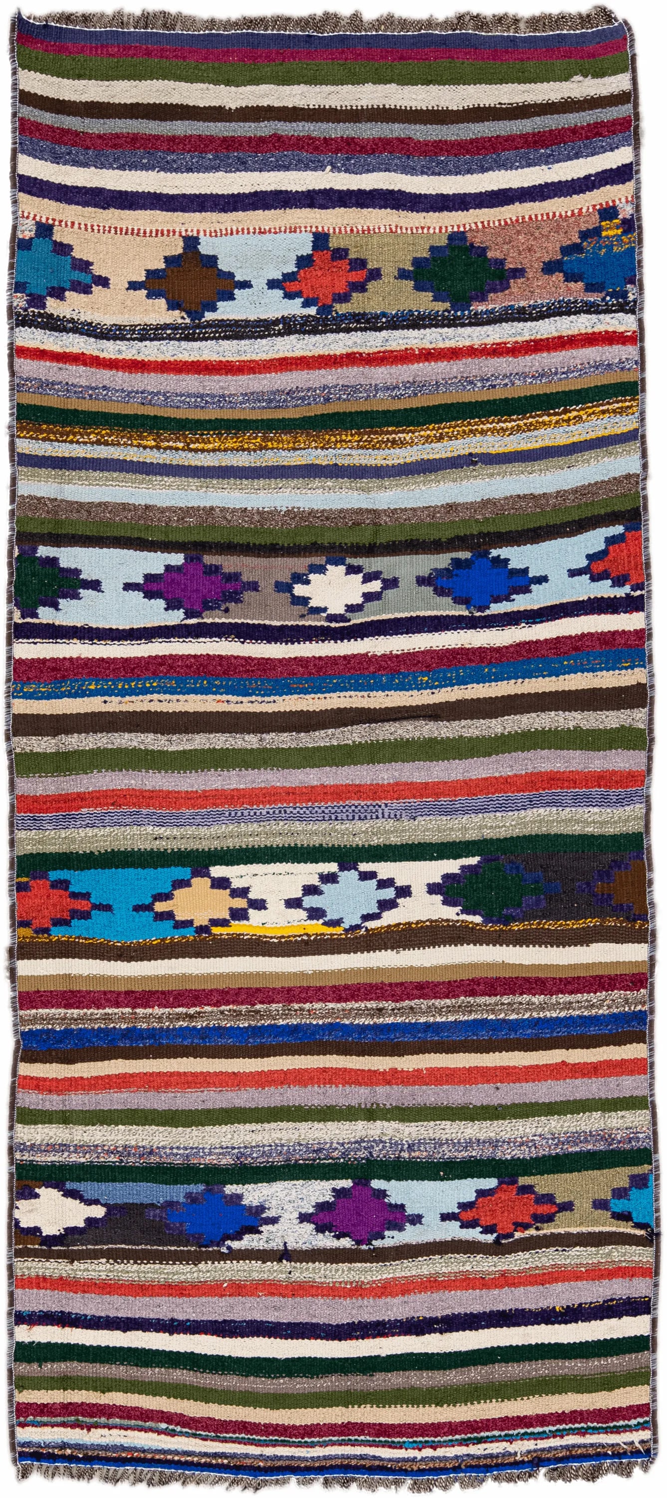 Vintage Kilim Handmade Flatweave Multicolor Striped Wool Runner 3' 4'' X 7' 5'' - 11