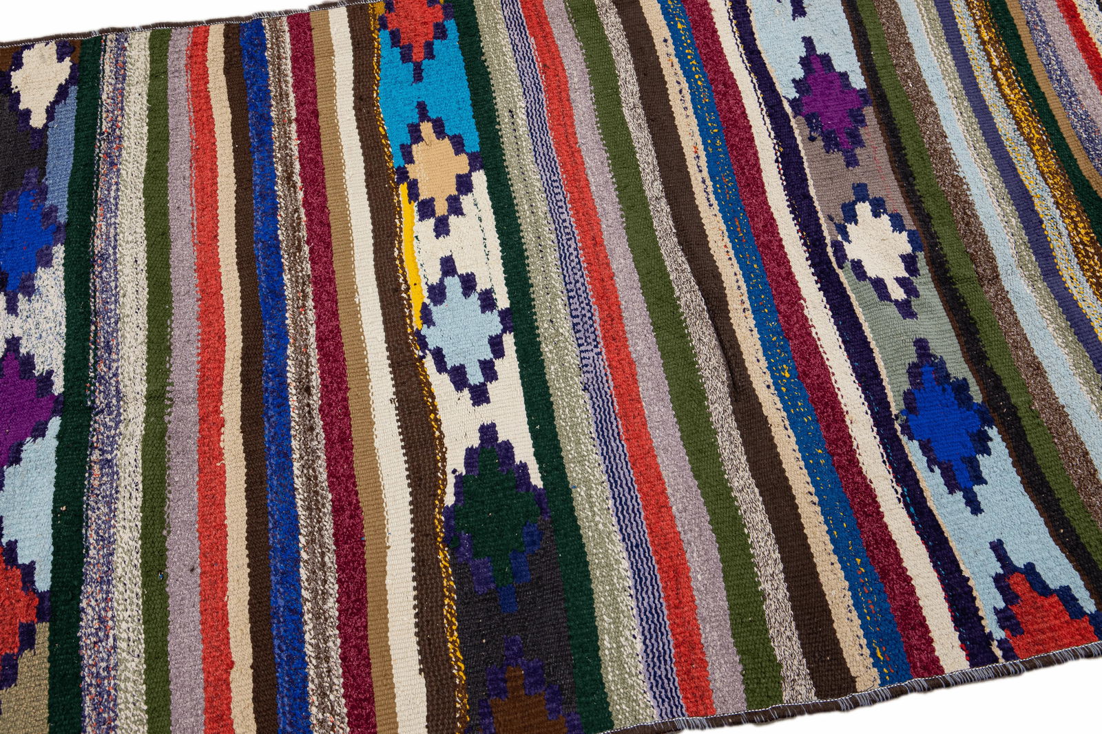 Vintage Kilim Handmade Flatweave Multicolor Striped Wool Runner 3' 4'' X 7' 5'' - 6