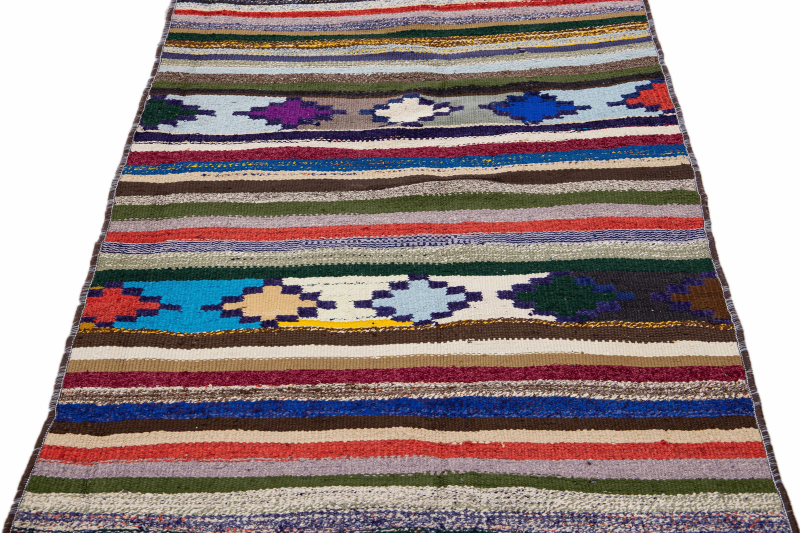Vintage Kilim Handmade Flatweave Multicolor Striped Wool Runner 3' 4'' X 7' 5'' - 8