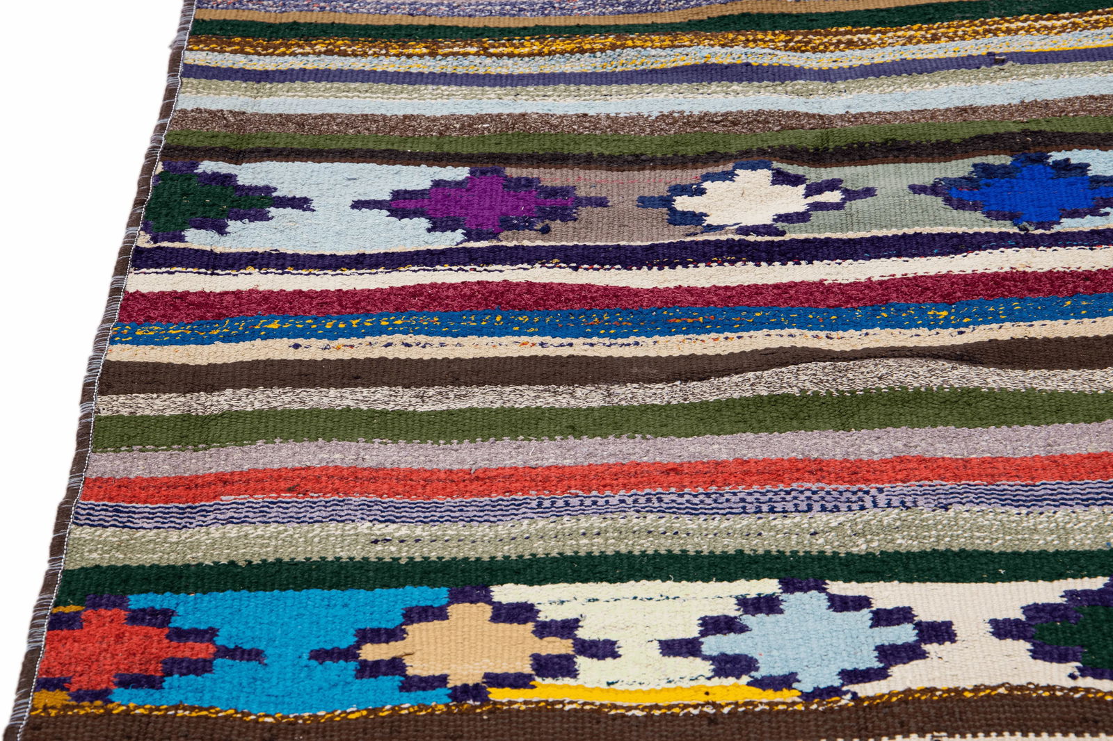 Vintage Kilim Handmade Flatweave Multicolor Striped Wool Runner 3' 4'' X 7' 5'' - 9