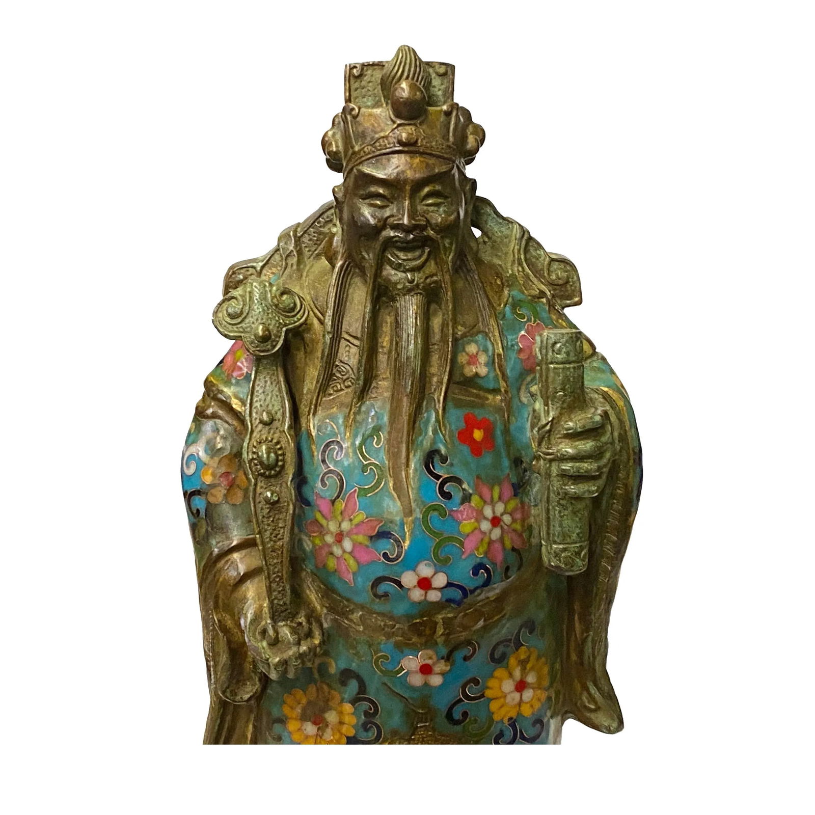 Vintage Metal Blue Yellow Enamel Cloisonné Fok Lok Shou Statue Set - 5