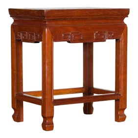 Chinese Vintage Small Stool with Scroll-Carved Apron and Side Stretchers