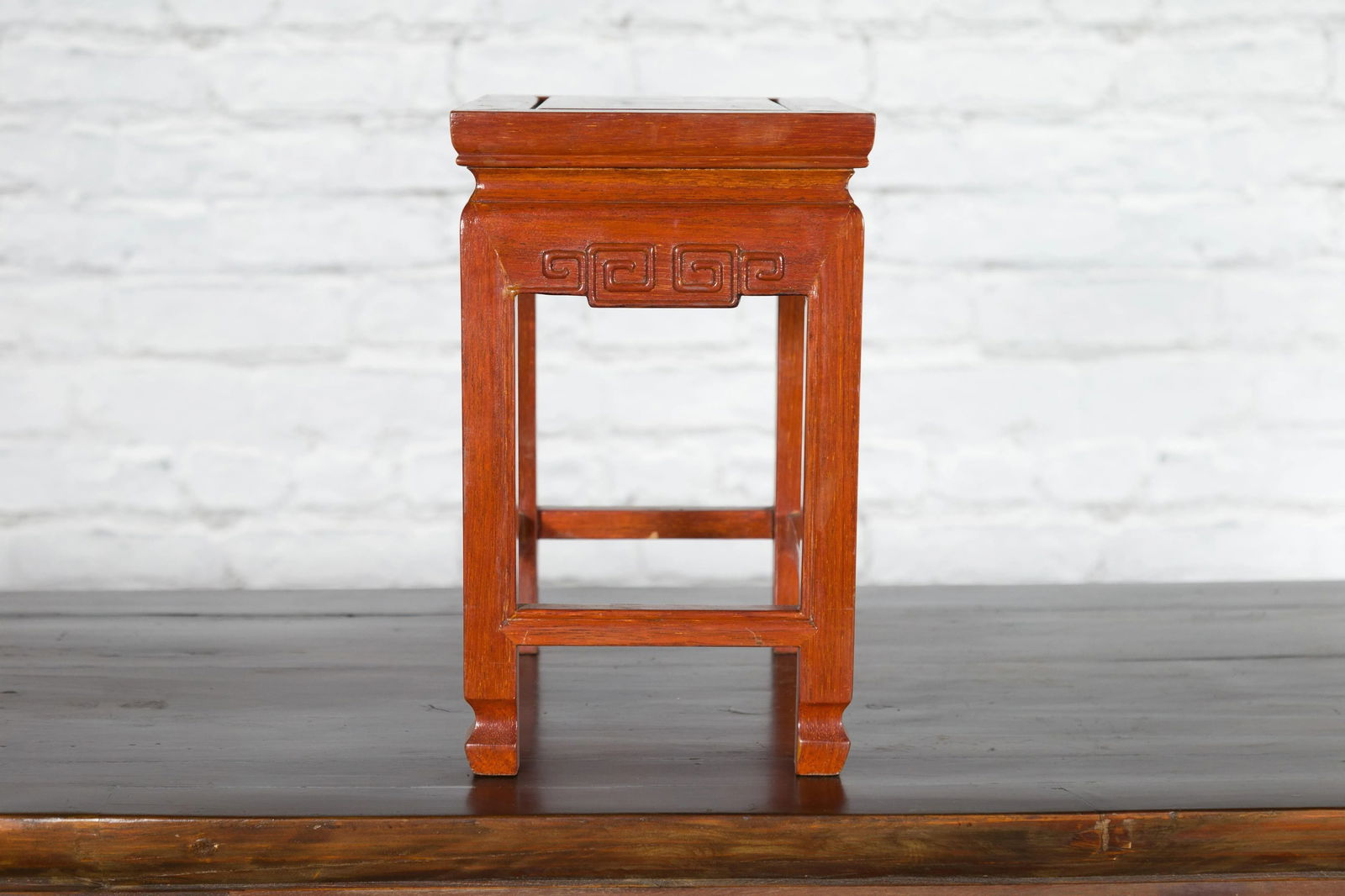 Chinese Vintage Small Stool with Scroll-Carved Apron and Side Stretchers - 4