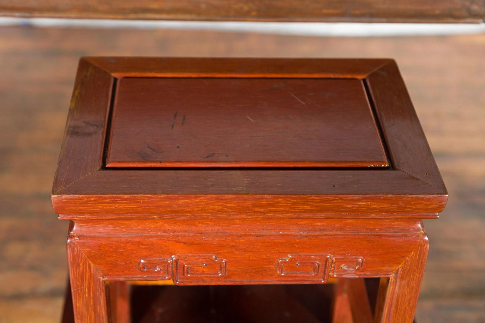 Chinese Vintage Small Stool with Scroll-Carved Apron and Side Stretchers - 5